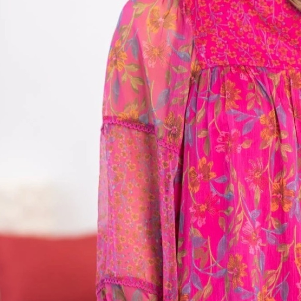 Hailey & Co Floral Boho Style Hot Pink  Long Sleeve Dress Size Medium - Picture 9 of 12